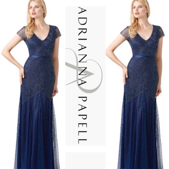 Adrianna Papell beaded cap sleeves long dress - Picture 5 of 13